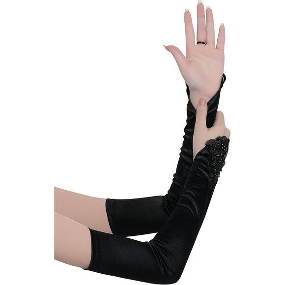 Women's Long Smooth Black Long Opera Party 20s Satin Glove Stretchy Elbow Length - Picture 2 of 6